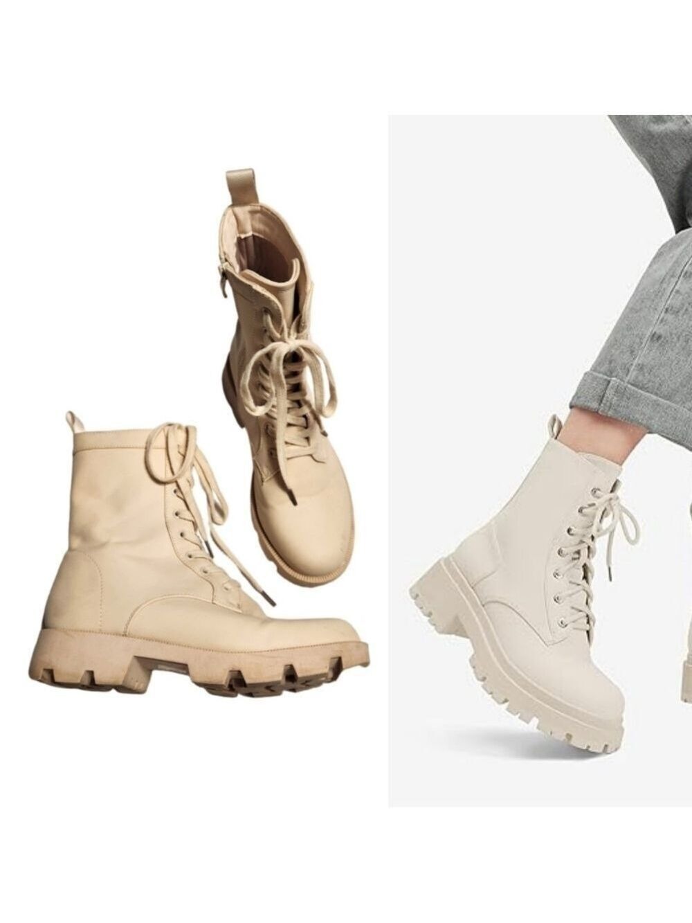 Cream Faux Leather Lace Up Platform Ankle Combat Boots Size 8